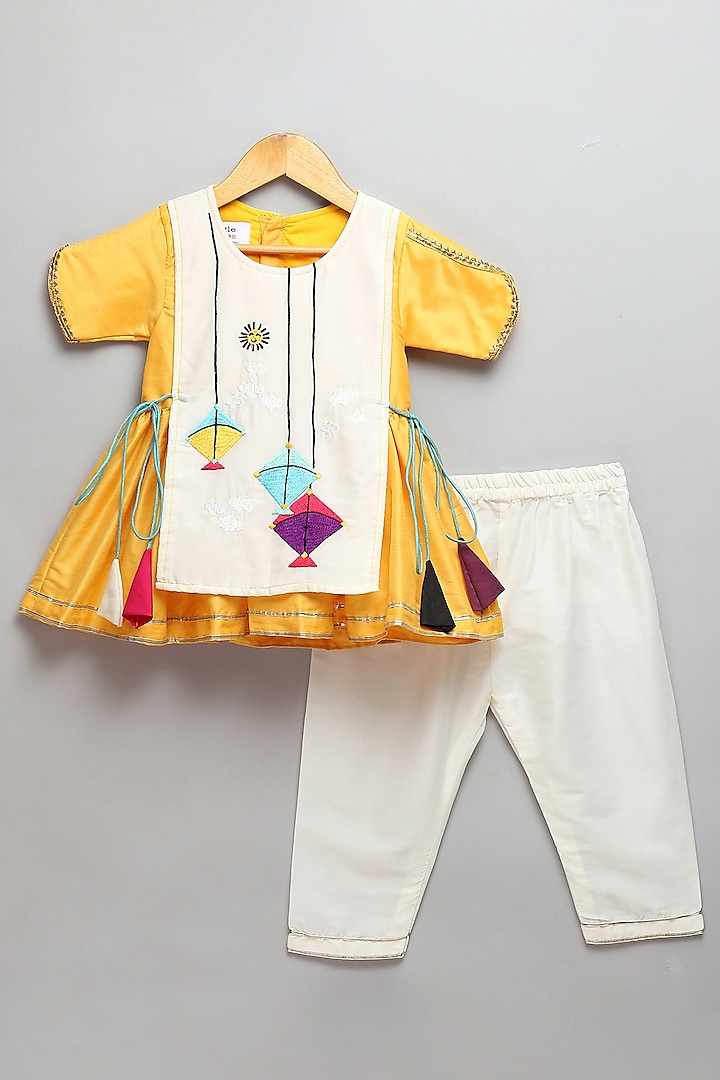 Yellow Cotton Silk Embroidered Kurta Set For Girls by The little tales at Pernia's Pop Up Shop