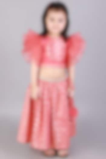 Coral Pink Cotton Zari Lace Embroidered Lehenga Set For Girls by The little tales at Pernia's Pop Up Shop