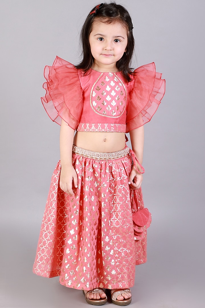 Coral Pink Cotton Zari Lace Embroidered Lehenga Set For Girls by The little tales at Pernia's Pop Up Shop