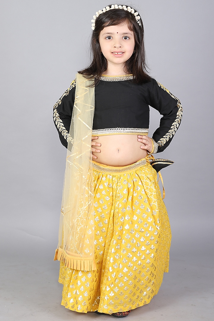 Yellow & Beige Cotton Zari Lace Embroidered Lehenga Set For Girls by The little tales at Pernia's Pop Up Shop