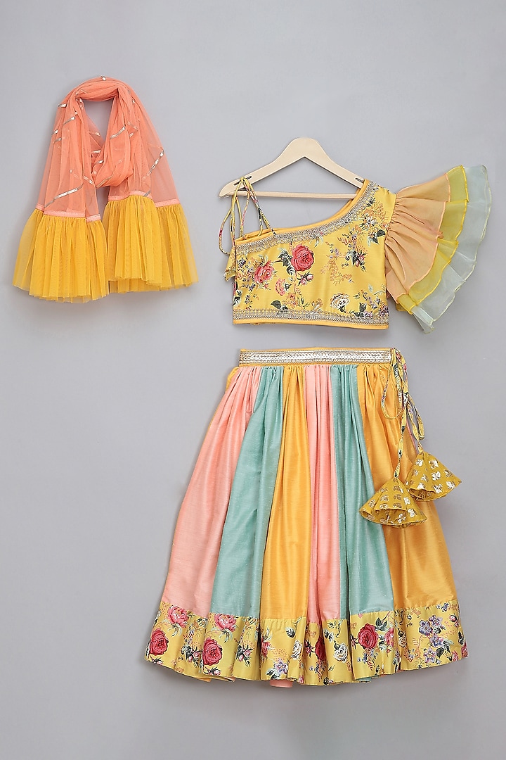 Multi-Colored Cotton Silk & Lace Embroidered Lehenga Set For Girls by The little tales