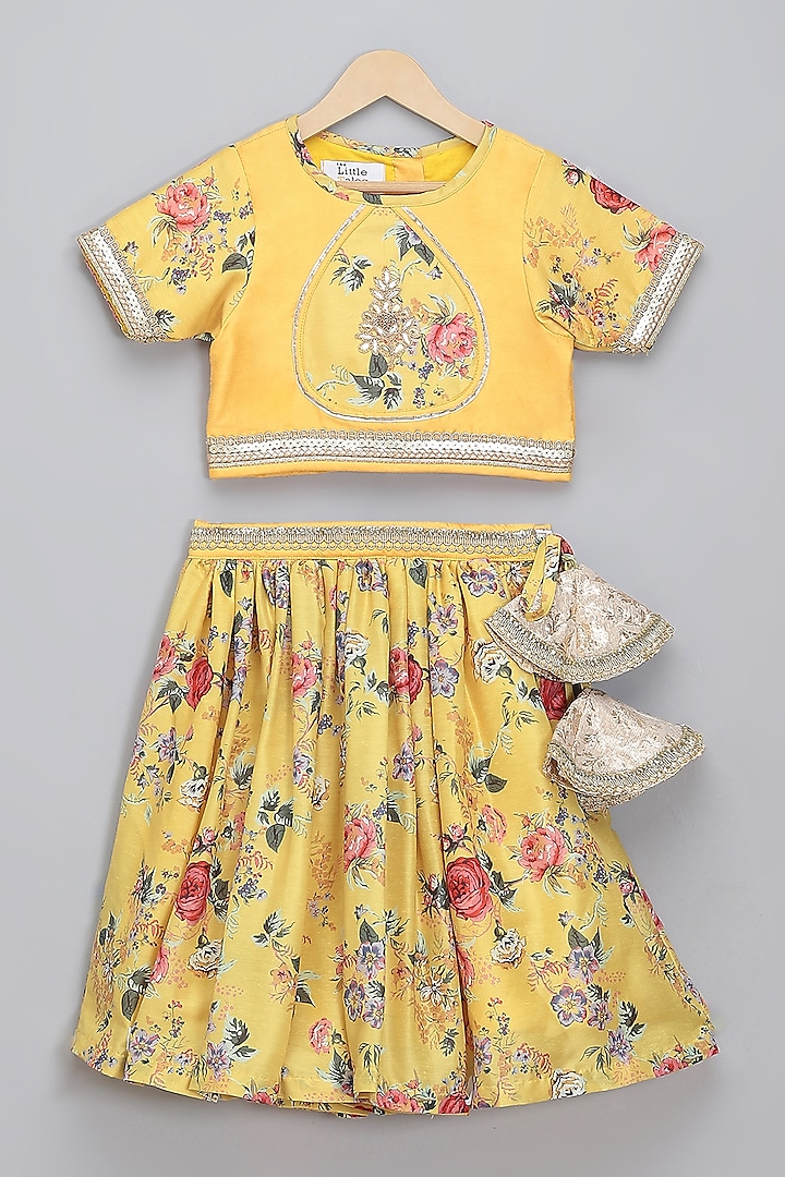Yellow Cotton Lace Embroidered & Floral Printed Lehenga Set For Girls by The little tales