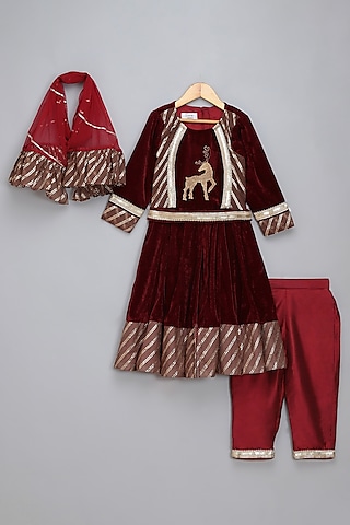 Maroon Velvet Embroidered Anarkali Set For Girls by The little tales