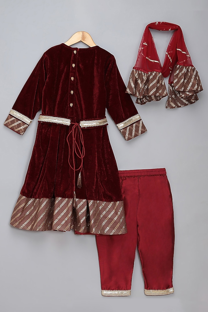 Maroon Velvet Embroidered Anarkali Set For Girls by The little tales at Pernia's Pop Up Shop