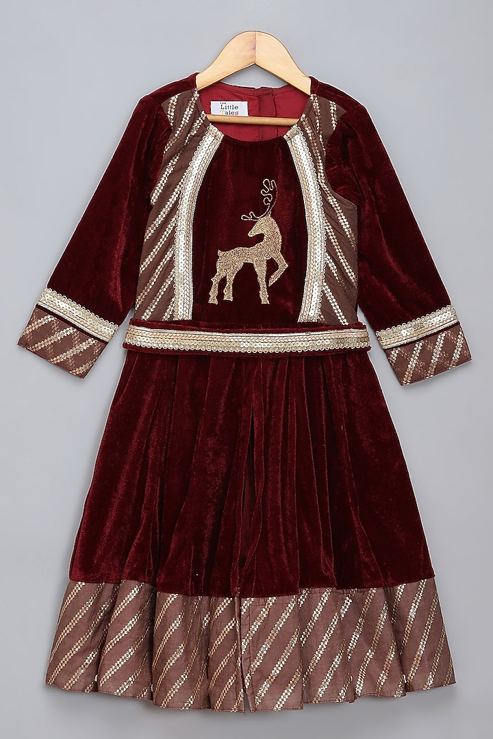Maroon Velvet Embroidered Anarkali Set For Girls by The little tales at Pernia's Pop Up Shop