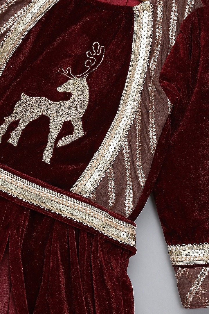 Maroon Velvet Embroidered Anarkali Set For Girls by The little tales at Pernia's Pop Up Shop