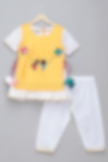 White & Yellow Cotton Silk Embroidered Kurta Set For Girls by The little tales at Pernia's Pop Up Shop