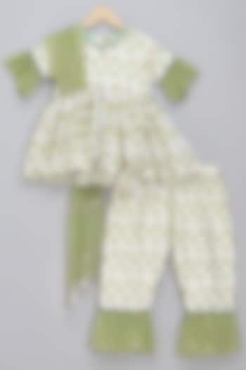 Green & Off-White Cotton Silk Digital Printed Kurta Set For Girls by The little tales