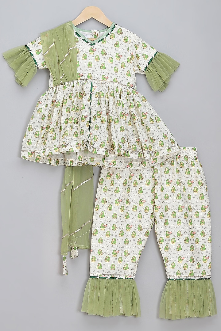 Green & Off-White Cotton Silk Digital Printed Kurta Set For Girls by The little tales