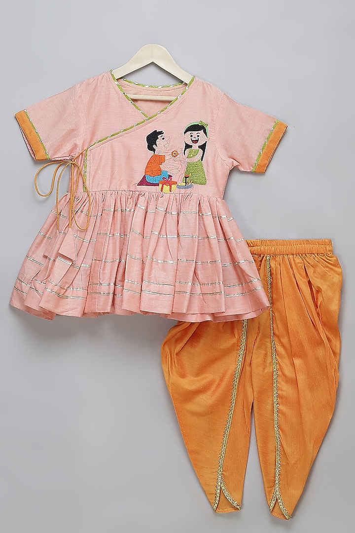 Orange Cotton Silk Lace Embellished Dhoti Set For Girls by The little tales at Pernia's Pop Up Shop