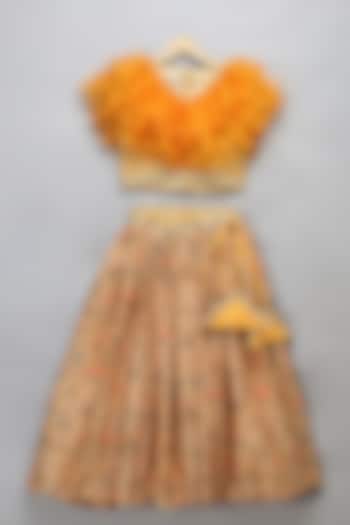Golden Orange Cotton Silk Printed & Lace Embroidered Lehenga Set For Girls by The little tales