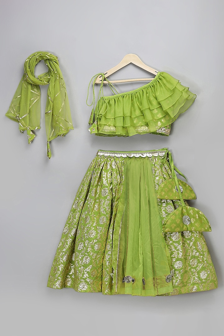 Green Organza & Chanderi Lace Embroidered Lehenga Set For Girls by The little tales