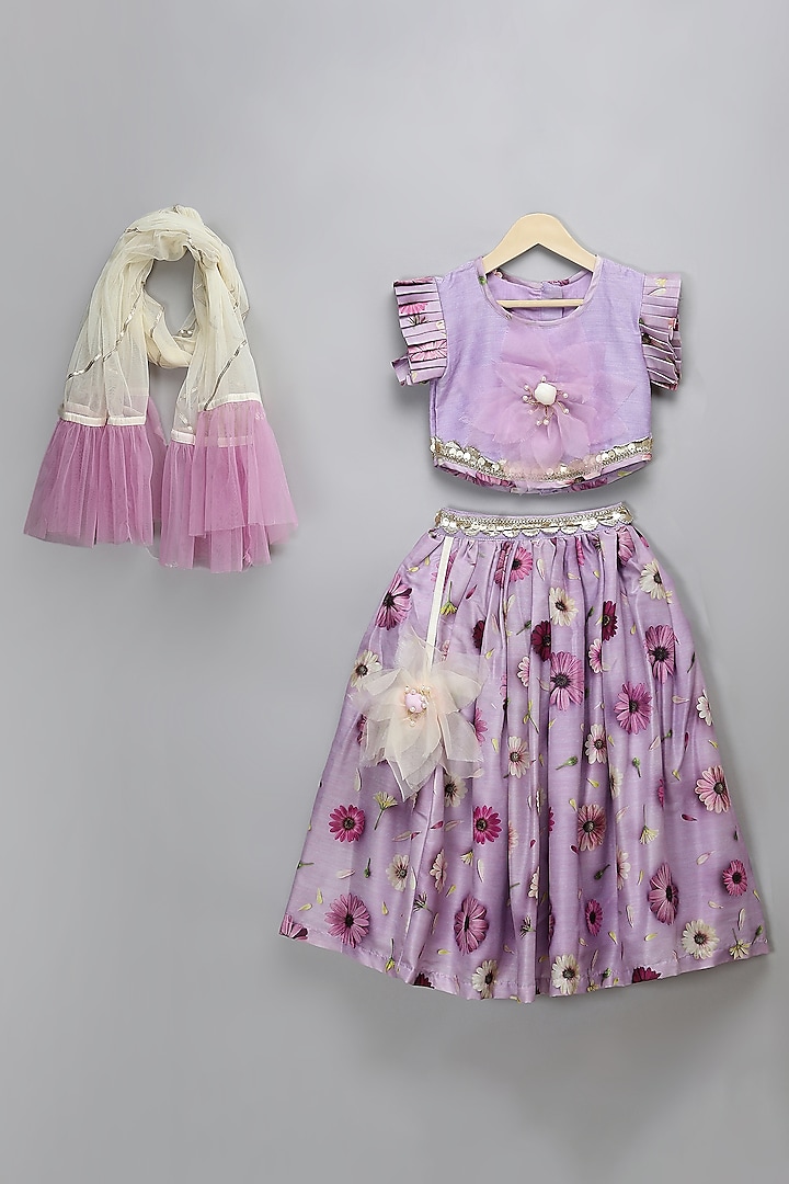 Light Purple Organza Floral Printed & Lace Embroidered Lehenga Set For Girls by The little tales