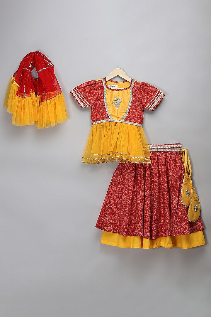 Orange & Yellow Cotton Silk Lace Embroidered Lehenga Set For Girls by The little tales