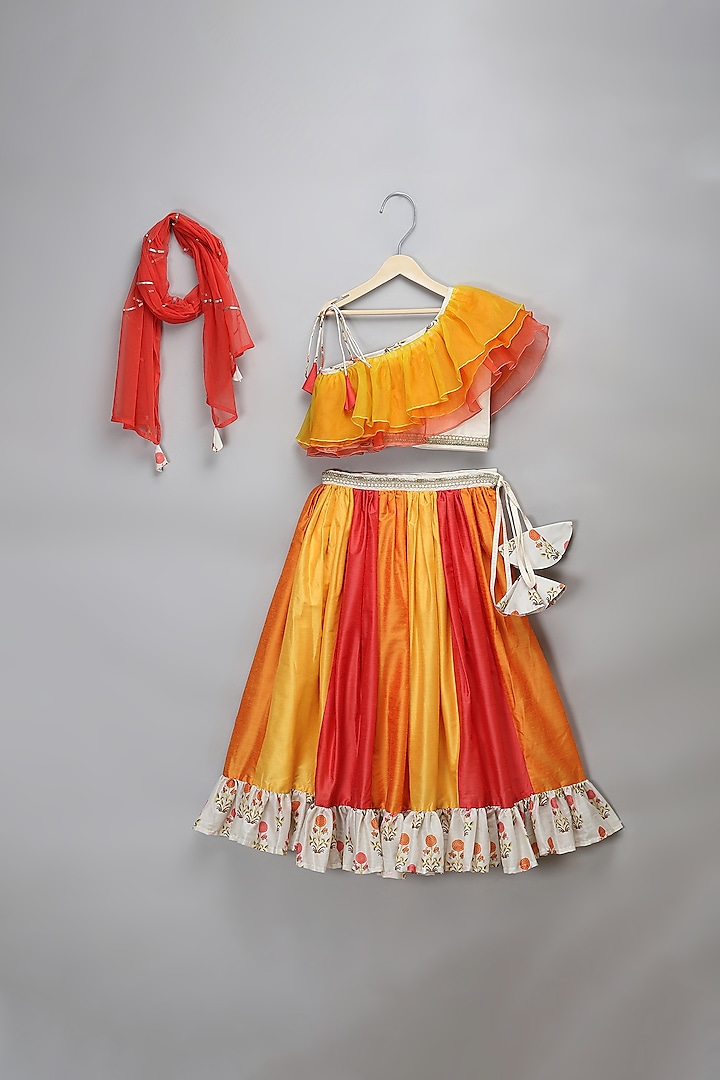 Orange & Yellow Cotton Silk Lace Embroidered Lehenga Set For Girls by The little tales