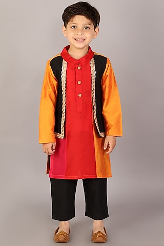 Multi-Colored Cotton Silk Embroidered Kurta Set For Boys by The little tales