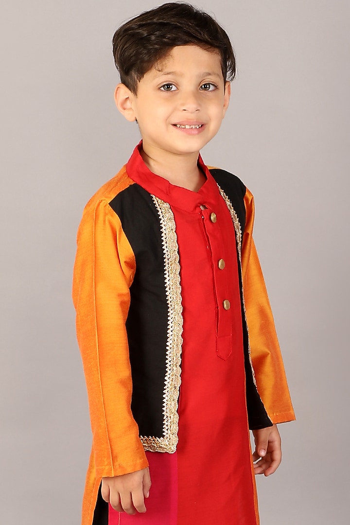 Multi-Colored Cotton Silk Embroidered Kurta Set For Boys by The little tales at Pernia's Pop Up Shop