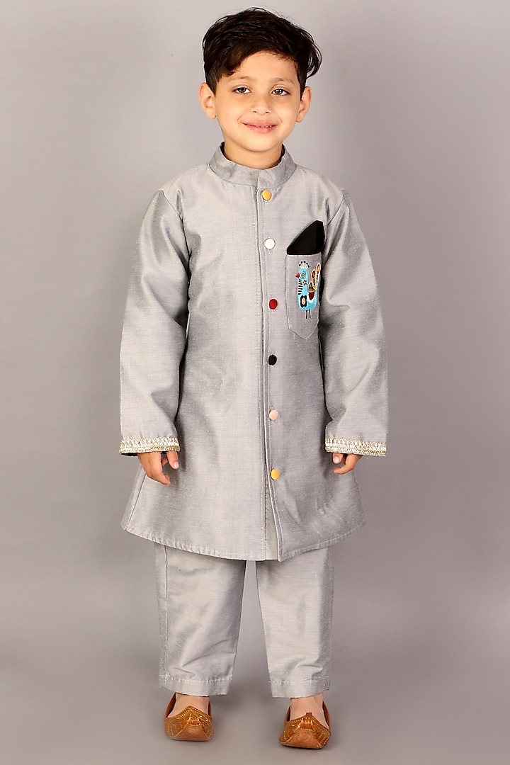 Grey Cotton Silk Embroidered Bandhgala Set For Boys by The little tales