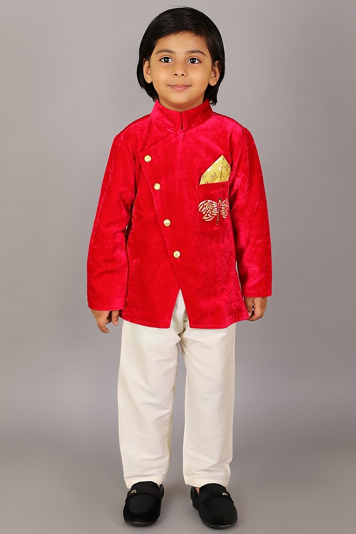Red Velvet Embroidered Bandhgala Set For Boys by The little tales