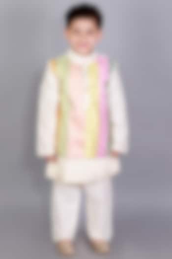 Multi-Colored Cotton Silk Zari Embroidered Nehru Jacket Set For Boys by The little tales