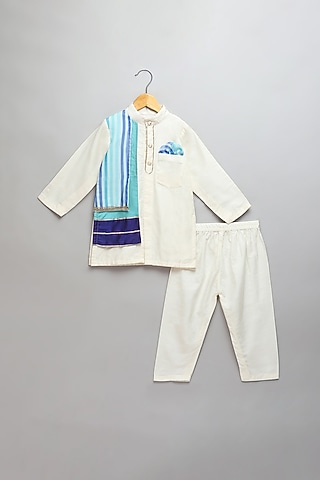 Off-White Cotton Silk Printed Kurta Set For Boys by The little tales