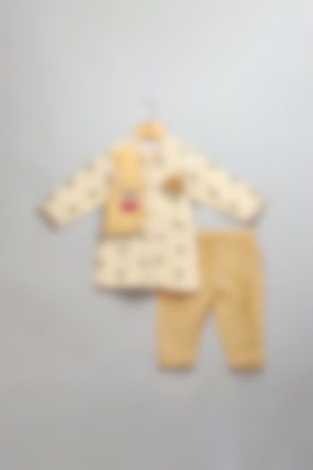 Beige Cotton Silk Boota Embroidered Kurta Set For Boys by The little tales at Pernia's Pop Up Shop