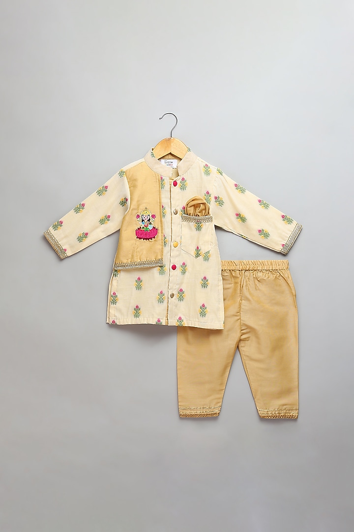 Beige Cotton Silk Boota Embroidered Kurta Set For Boys by The little tales at Pernia's Pop Up Shop