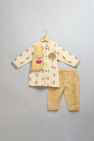 Beige Cotton Silk Boota Embroidered Kurta Set For Boys by The little tales