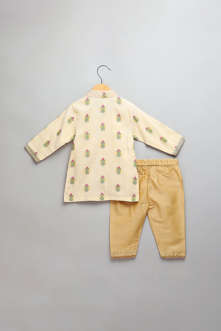 Beige Cotton Silk Boota Embroidered Kurta Set For Boys by The little tales at Pernia's Pop Up Shop