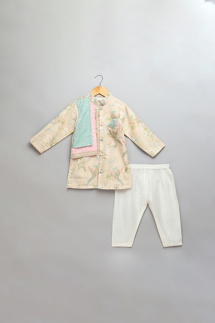 Beige Cotton Silk Digital Printed Kurta Set For Boys by The little tales at Pernia's Pop Up Shop