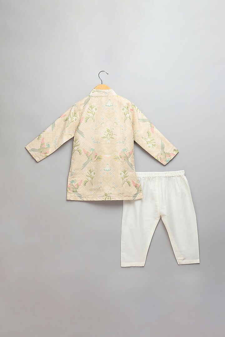 Beige Cotton Silk Digital Printed Kurta Set For Boys by The little tales at Pernia's Pop Up Shop
