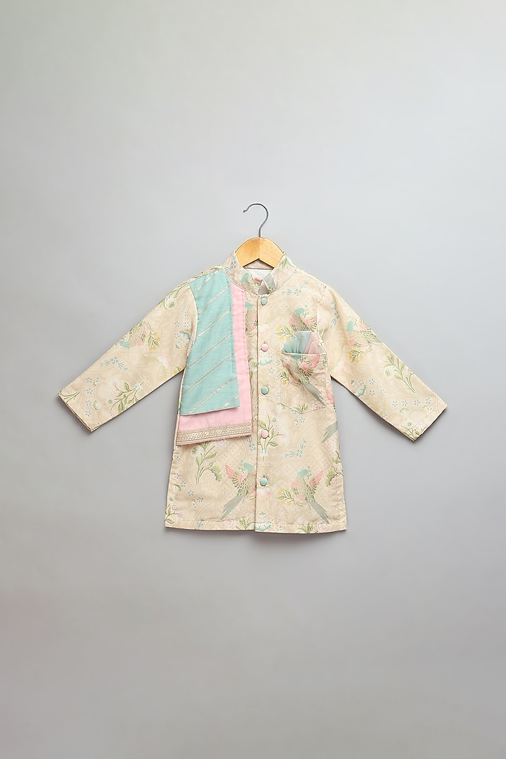 Beige Cotton Silk Digital Printed Kurta Set For Boys by The little tales at Pernia's Pop Up Shop