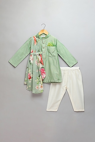 Green Cotton Silk Printed Kurta Set For Boys by The little tales