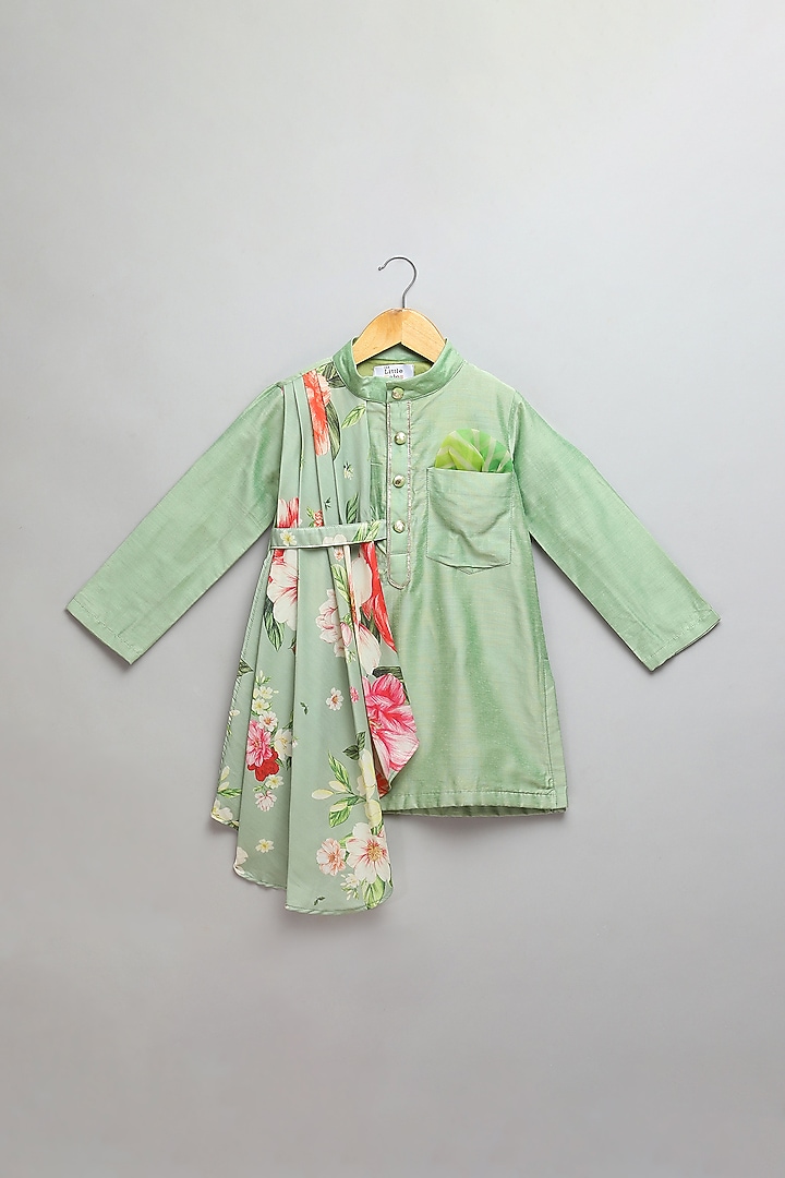 Green Cotton Silk Printed Kurta Set For Boys by The little tales at Pernia's Pop Up Shop