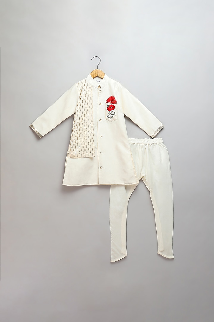 Off-White Cotton Resham Embroidered Bandhgala Set For Boys by The little tales