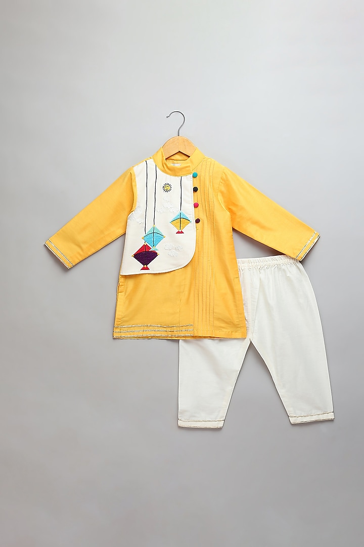 Yellow Cotton Silk Embroidered Kurta Set For Boys by The little tales