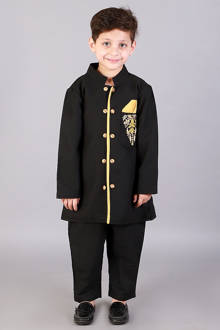 Black Cotton Silk Resham Embroidered Bandhgala Set For Boys by The little tales