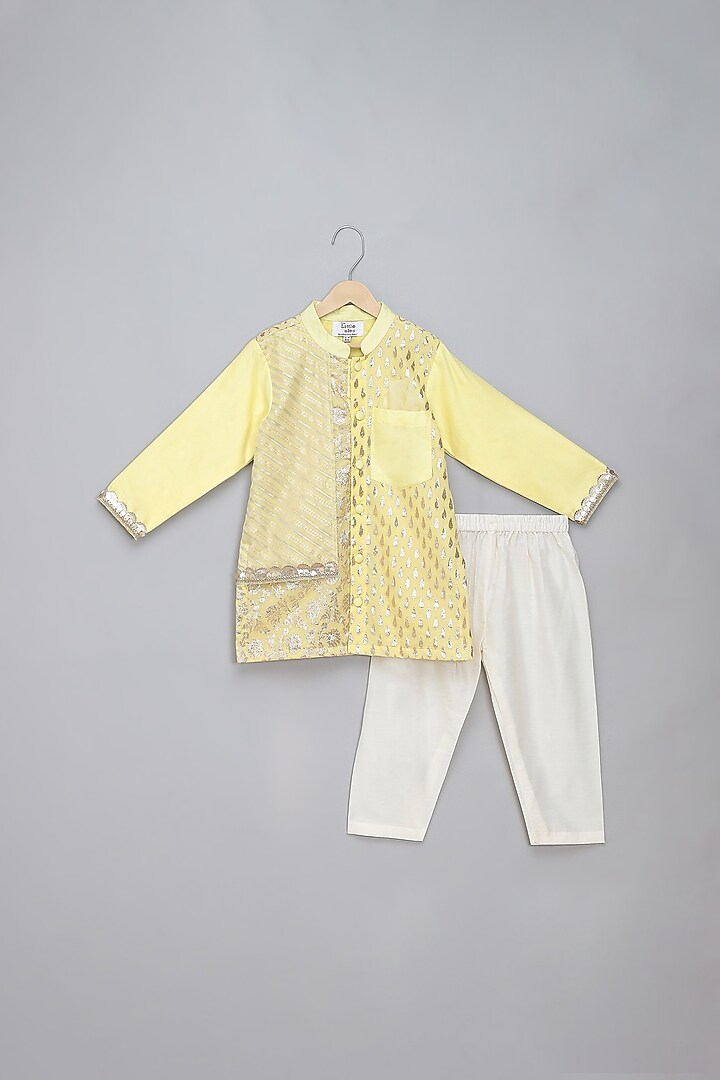 Lime Yellow Cotton Gota Embellished Kurta Set For Boys by The little tales at Pernia's Pop Up Shop