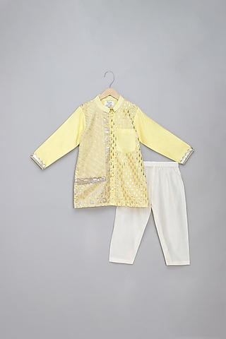 Lime Yellow Cotton Gota Embellished Kurta Set For Boys by The little tales