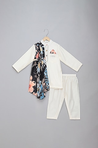 Off-White Cotton Asymmetric Pleated Kurta Set For Boys by The little tales