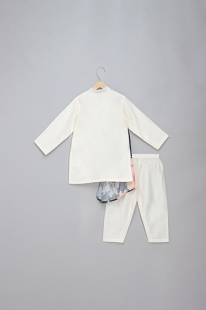 Off-White Cotton Asymmetric Pleated Kurta Set For Boys by The little tales at Pernia's Pop Up Shop