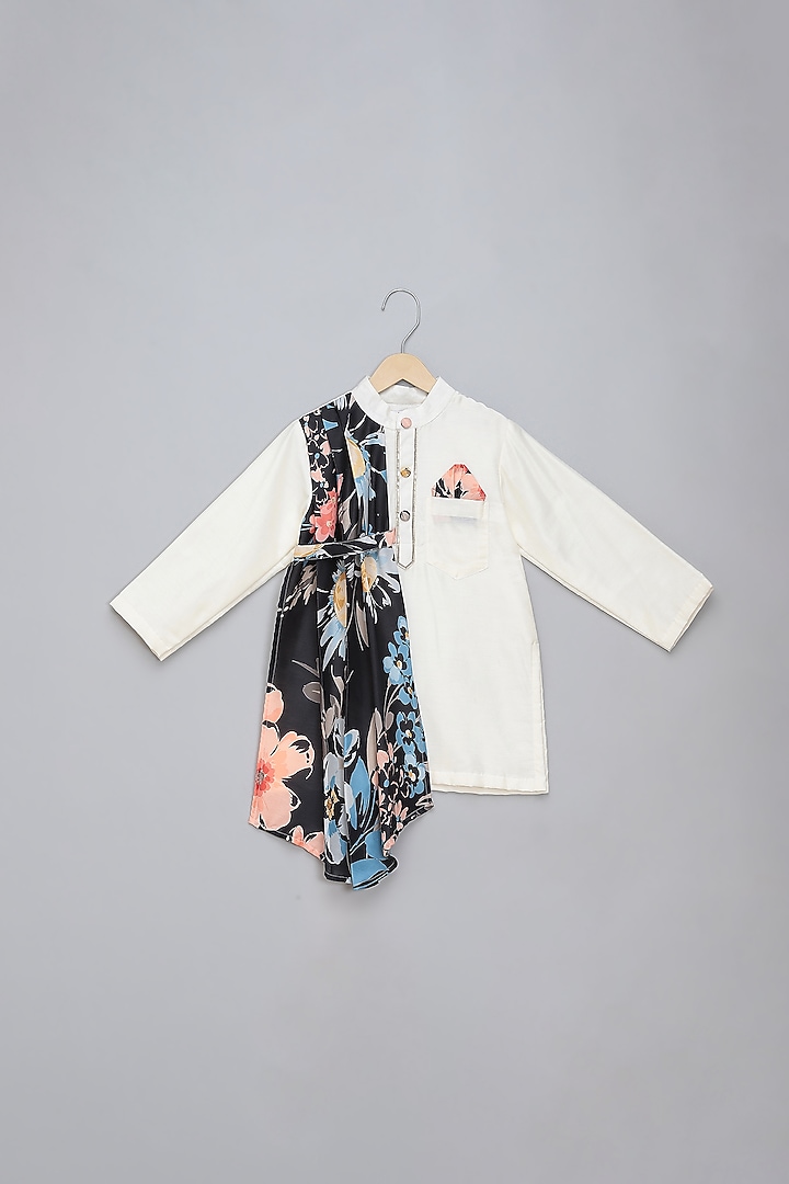 Off-White Cotton Asymmetric Pleated Kurta Set For Boys by The little tales at Pernia's Pop Up Shop