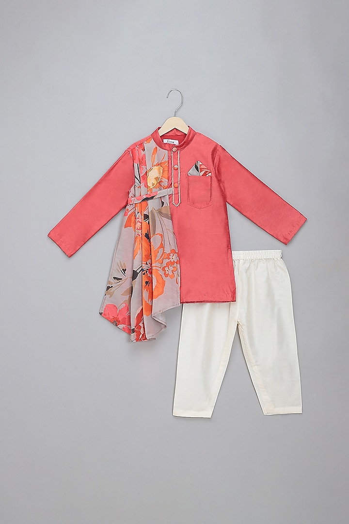 Coral Cotton Silk Printed Kurta Set For Boys by The little tales