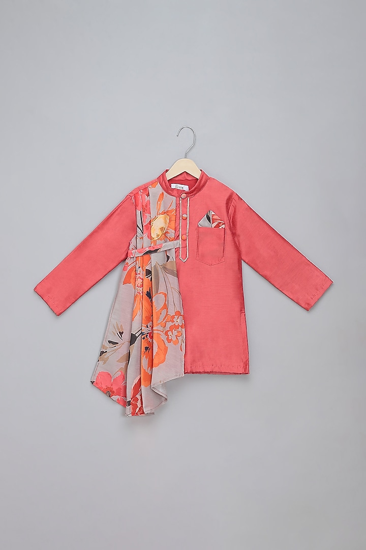 Coral Cotton Silk Printed Kurta Set For Boys by The little tales at Pernia's Pop Up Shop