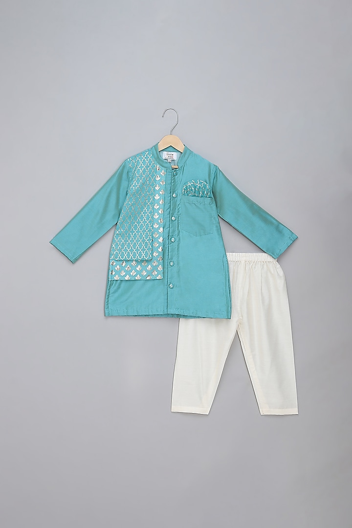 Blue Cotton Silk Zari Embroidered Kurta Set For Boys by The little tales