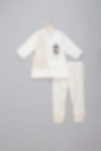 Off-White Velvet Resham Embroidered Bandhgala Set For Boys by The little tales