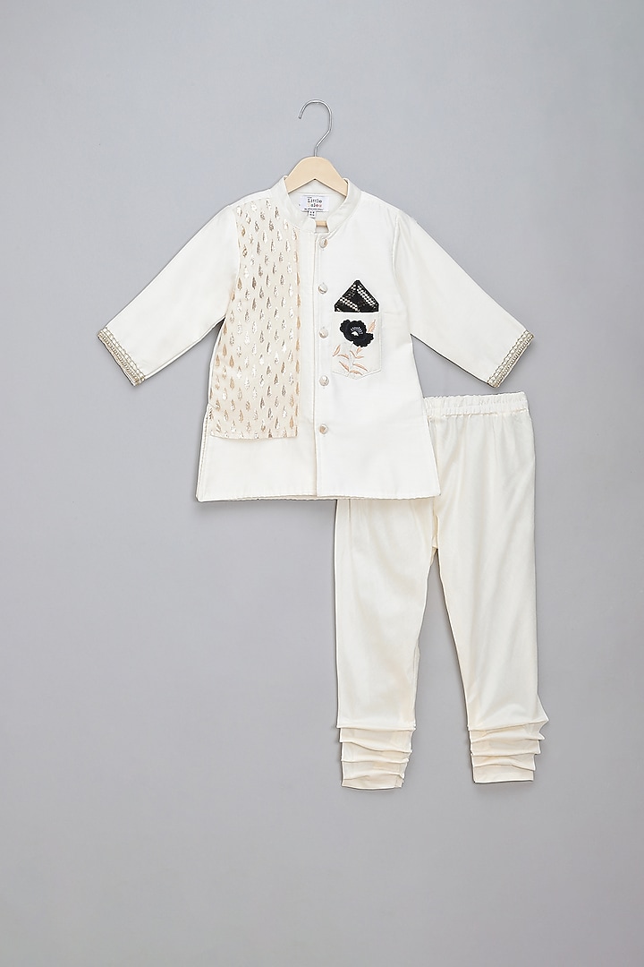 Off-White Velvet Resham Embroidered Bandhgala Set For Boys by The little tales