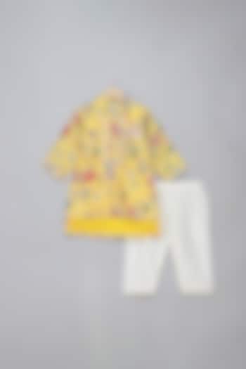 Yellow Cotton Silk Printed Kurta Set For Boys by The little tales