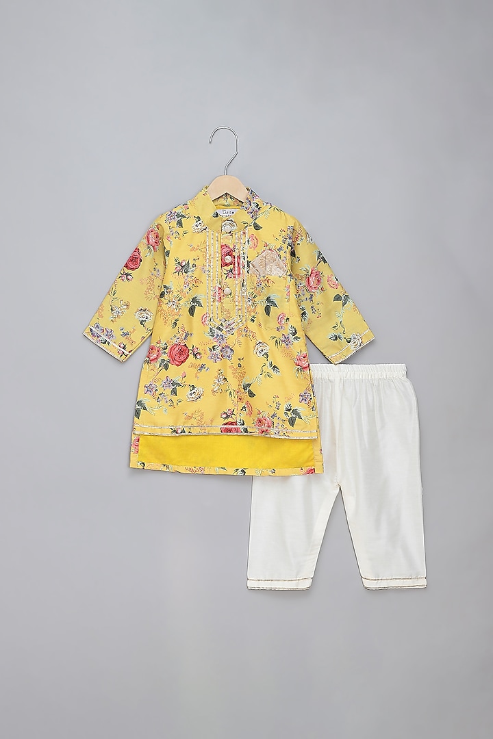 Yellow Cotton Silk Printed Kurta Set For Boys by The little tales