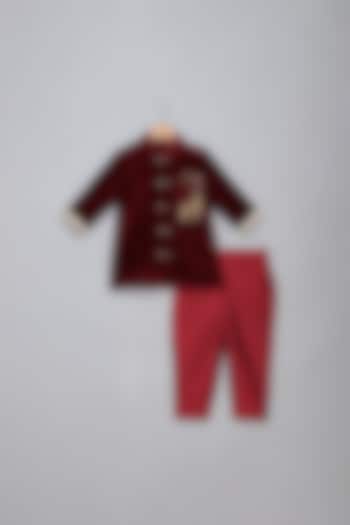 Maroon Velvet Placement Embroidered Bandhgala Set For Boys by The little tales